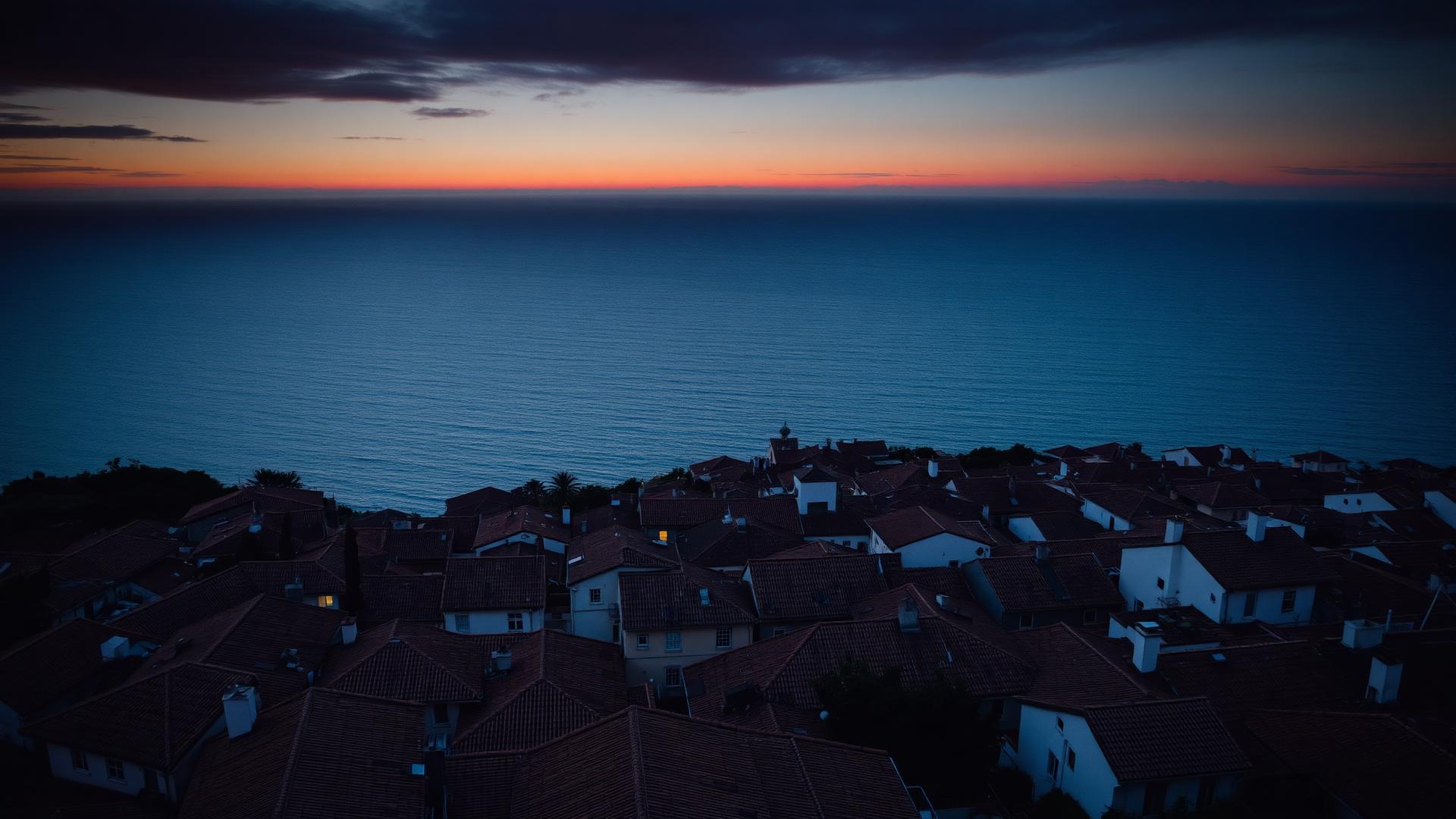 Vista aérea de uma vila costeira portuguesa ao anoitecer